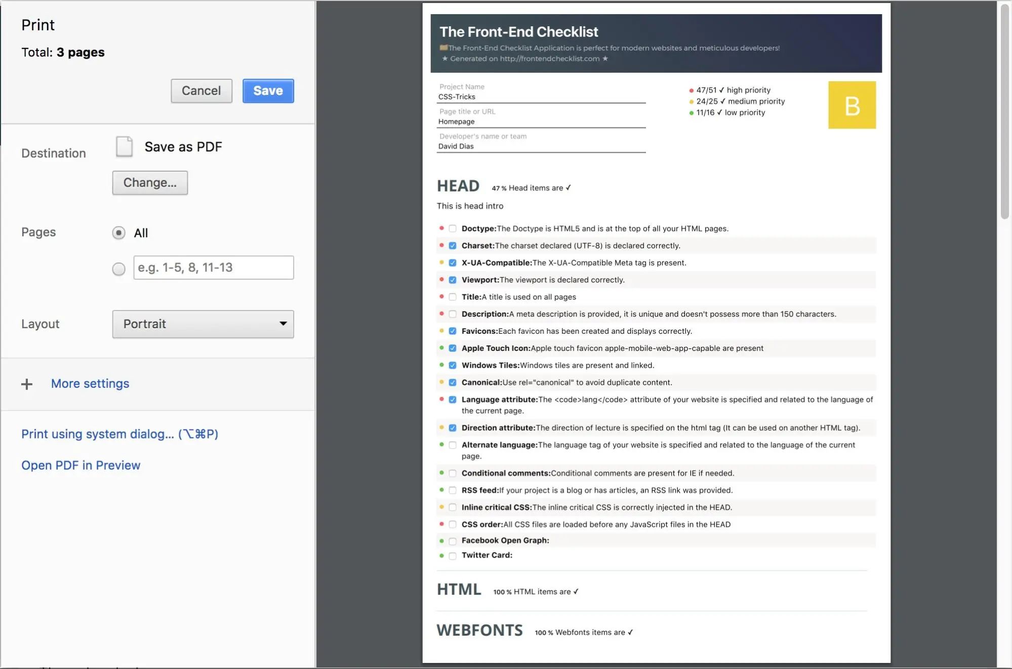 A screenshot of the print version of frontendchecklist.io